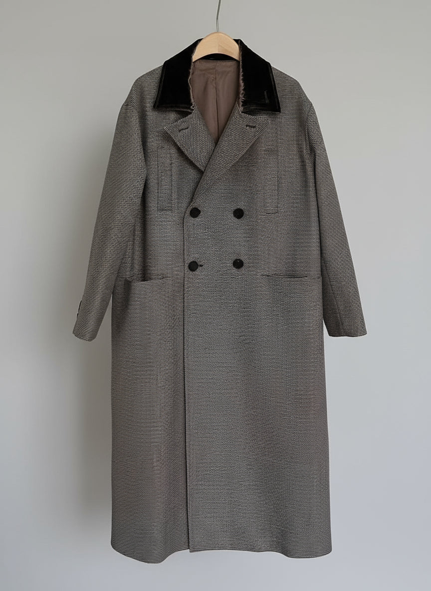 Extra Long Plaid Wool Coat with Silk-Blend Collar