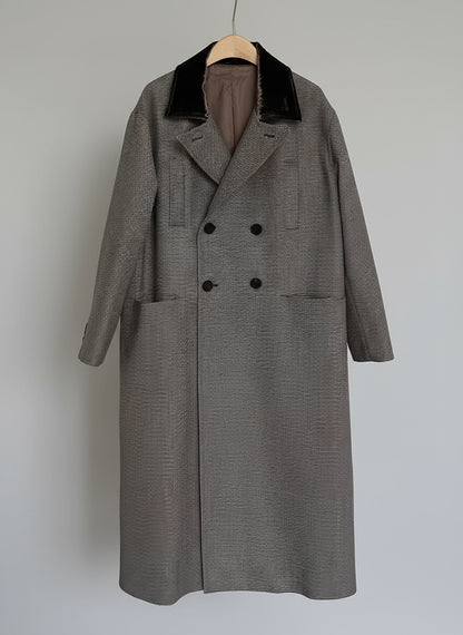 Extra Long Plaid Wool Coat with Silk-Blend Collar