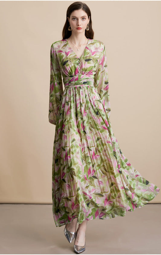 Vintage Floral V-Neck Long Dress