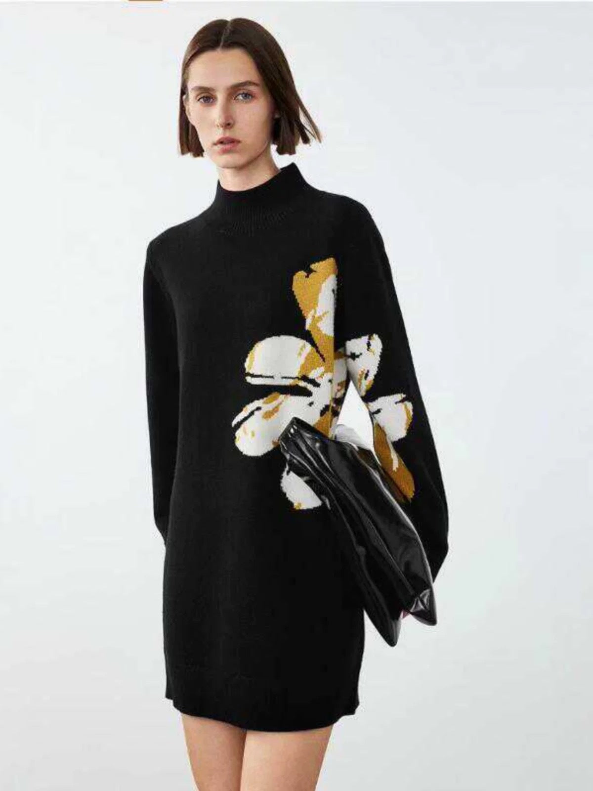 Floral Pattern Wool Midi Dress with Mock Neck