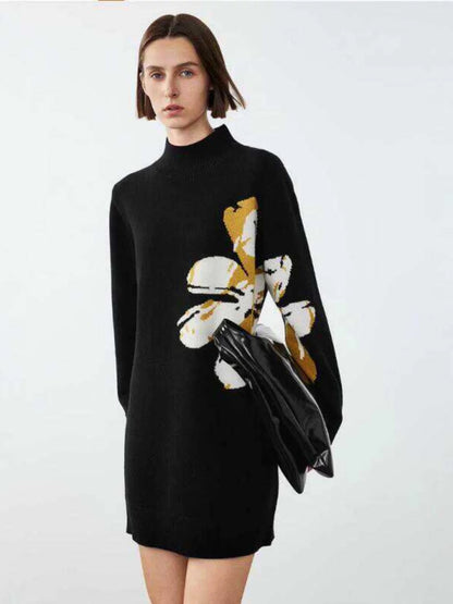 Floral Pattern Wool Midi Dress with Mock Neck