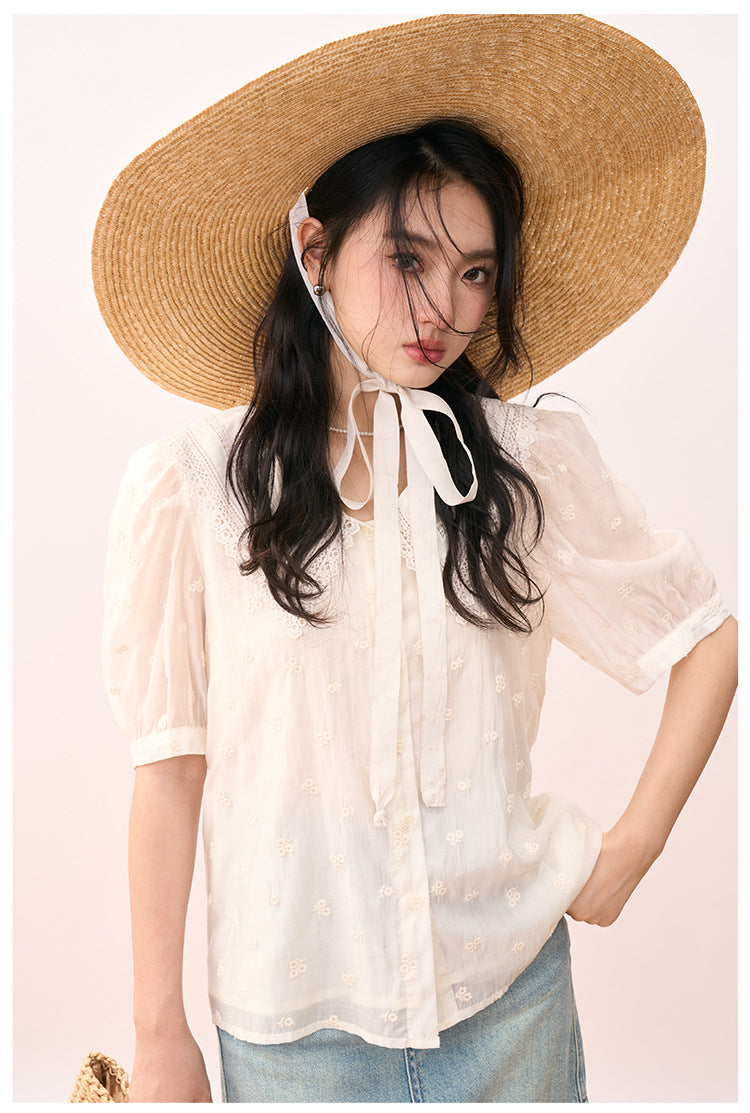Embroidered Peter Pan Collar Puff Sleeve Blouse