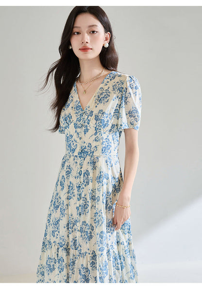 French Blue Floral Cotton Dress – Tie Waist, V-Neck