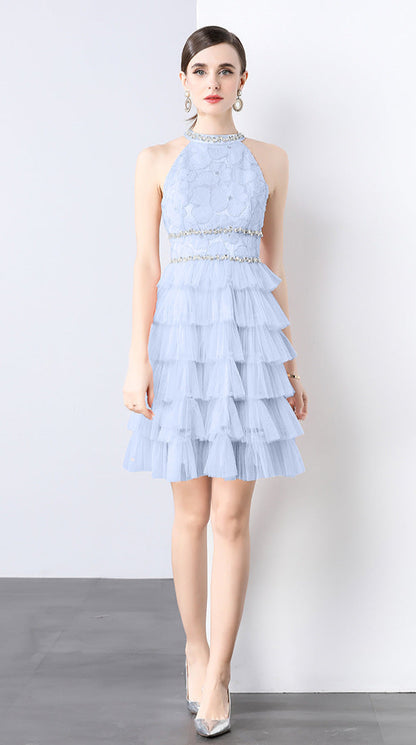 Crystal Chain Halter Neck Layered Tulle Dress