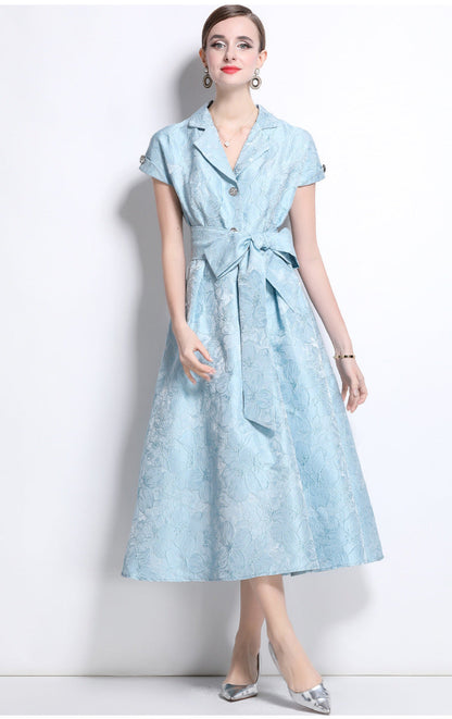 Jacquard A-Line Evening Gown with Full Flowing Skirt
