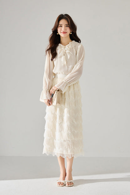 Tassel Layered Ecru Midi Skirt