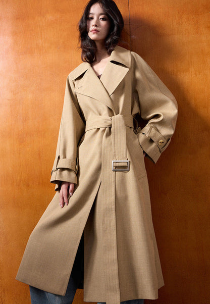 Classic British Style Long Khaki Trench Coat