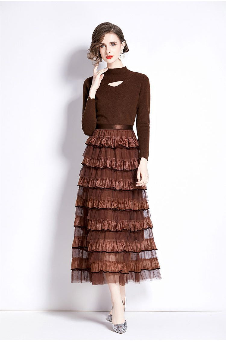 Layered Knit & Tulle Maxi Dress – Faux Two-Piece Design