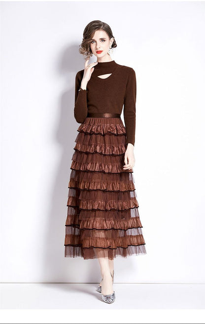 Layered Knit & Tulle Maxi Dress – Faux Two-Piece Design
