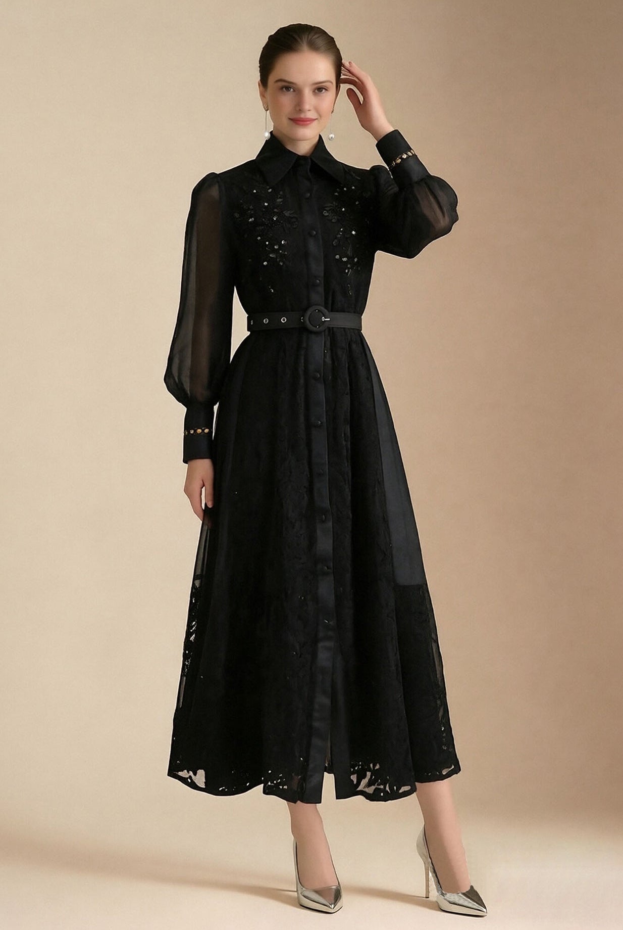 Lace Collar Lantern Sleeve Midi Dress