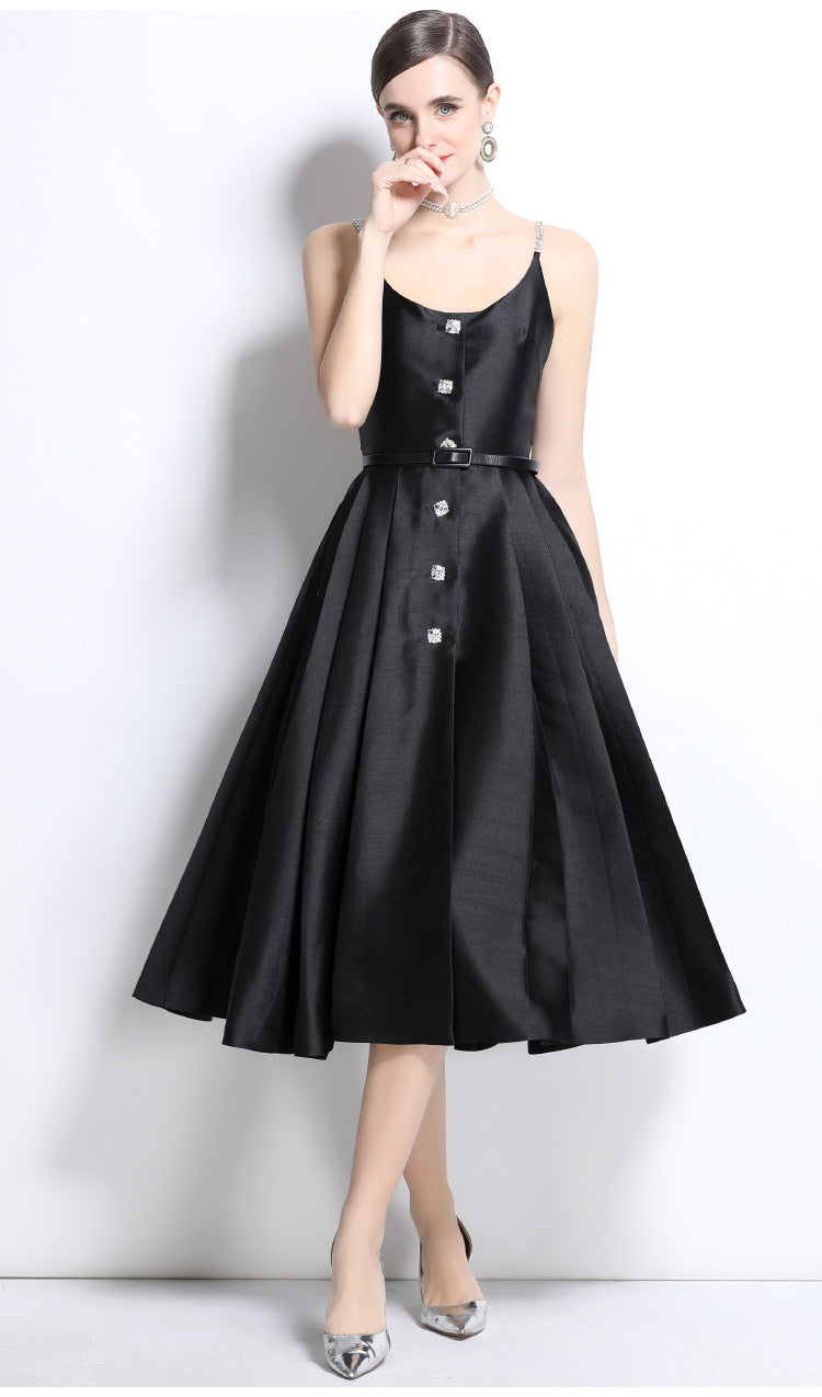 Crystal Strap Pleated Midi Dress