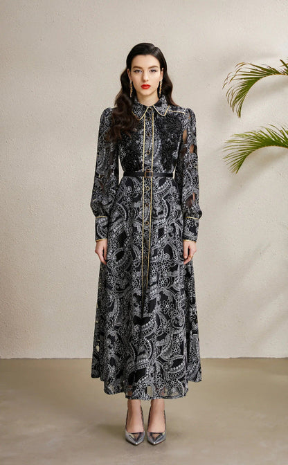 Beaded Lace Maxi Dress with Gold Trim – Elegant Retro Gown