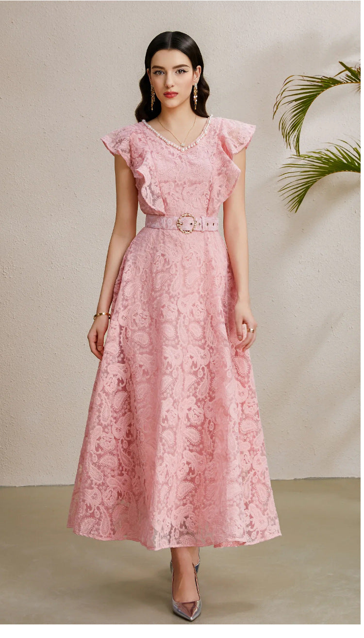 Ruffled Sleeve Beaded Belted Tulle Maxi Dress