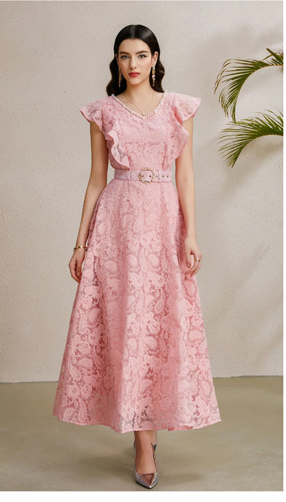 Ruffled Sleeve Beaded Belted Tulle Maxi Dress