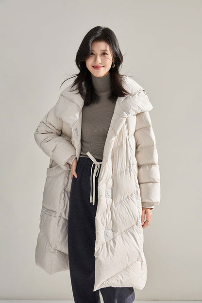 Minimalist Oversized Down Puffer Coat with Leather-Style Buttons