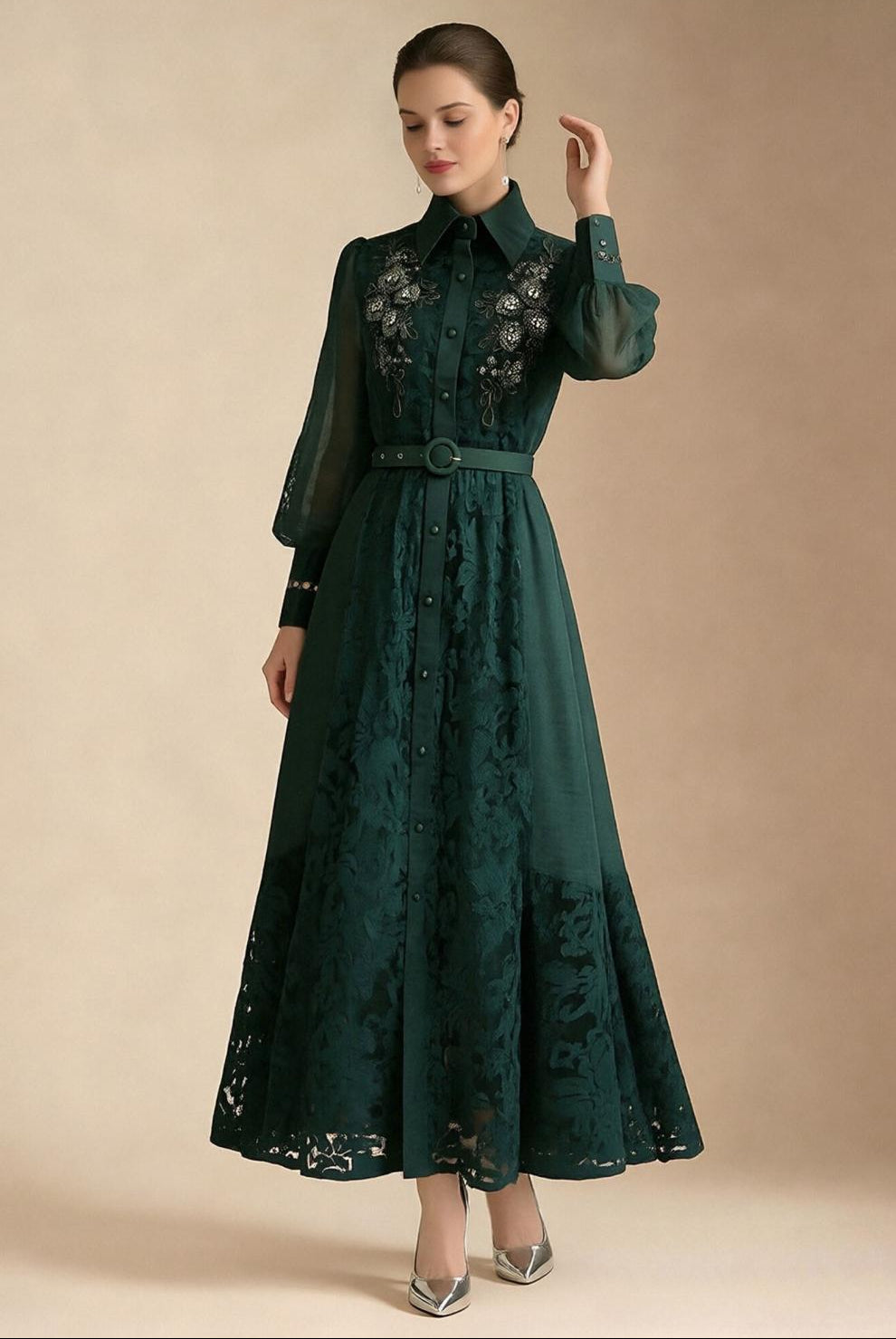 Lace Collar Lantern Sleeve Midi Dress