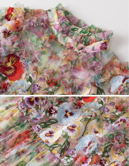 Embroidered French Floral Mesh Maxi Dress with Lantern Sleeves