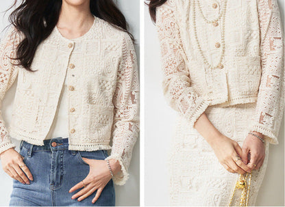 Luxury Beige Two-Piece Set with Fringe & Hollow Floral Details