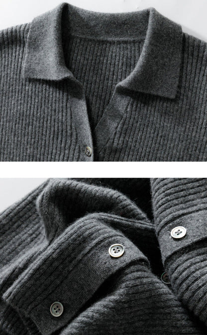 100% Pure Cashmere Polo Collar Cardigan – Long Sleeve, Classic Fit, Ultra-Soft