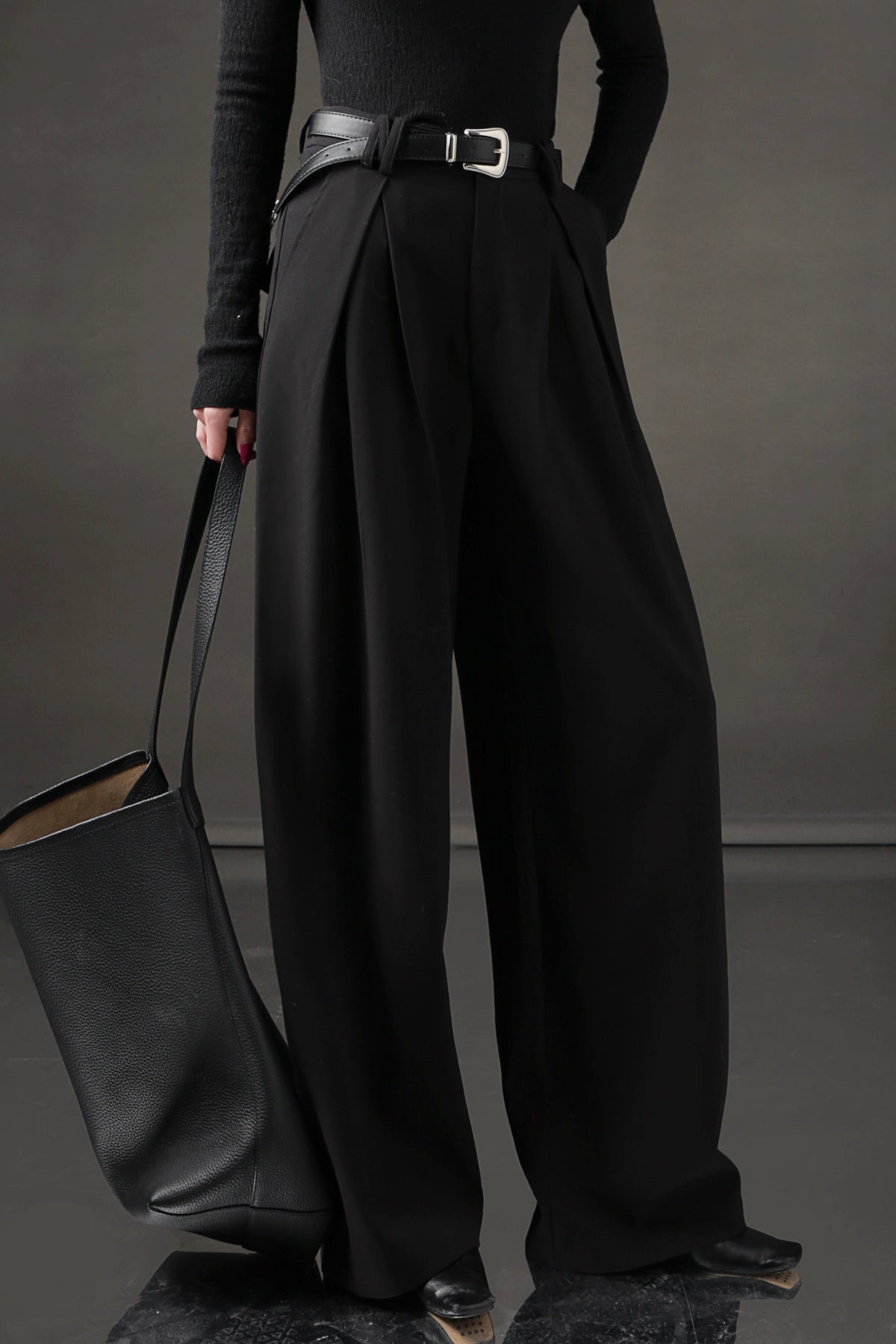 High-Waisted Wide-Leg Wool Blend Pants