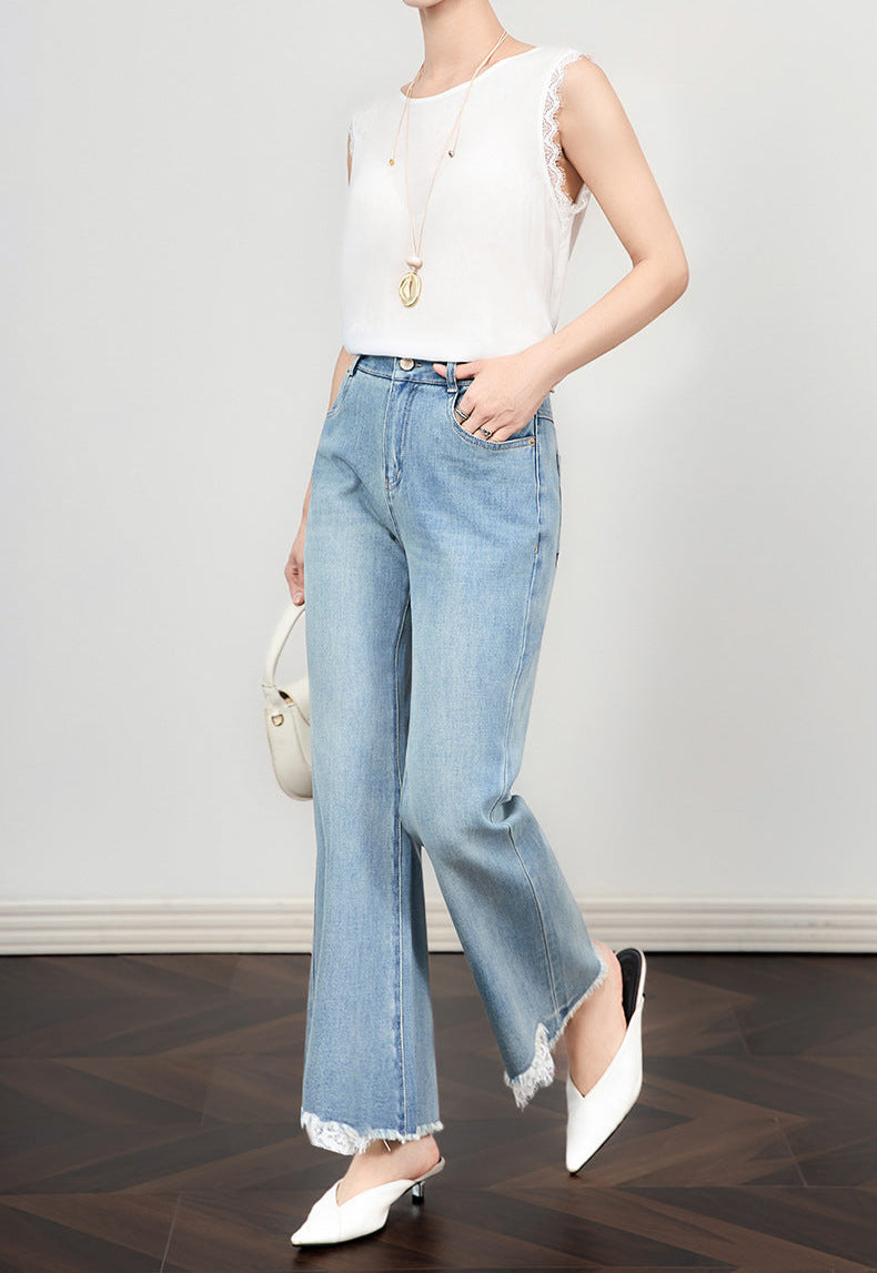 High Waist Wide-Leg Jeans with Lace Hem