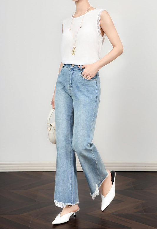 High Waist Wide-Leg Jeans with Lace Hem