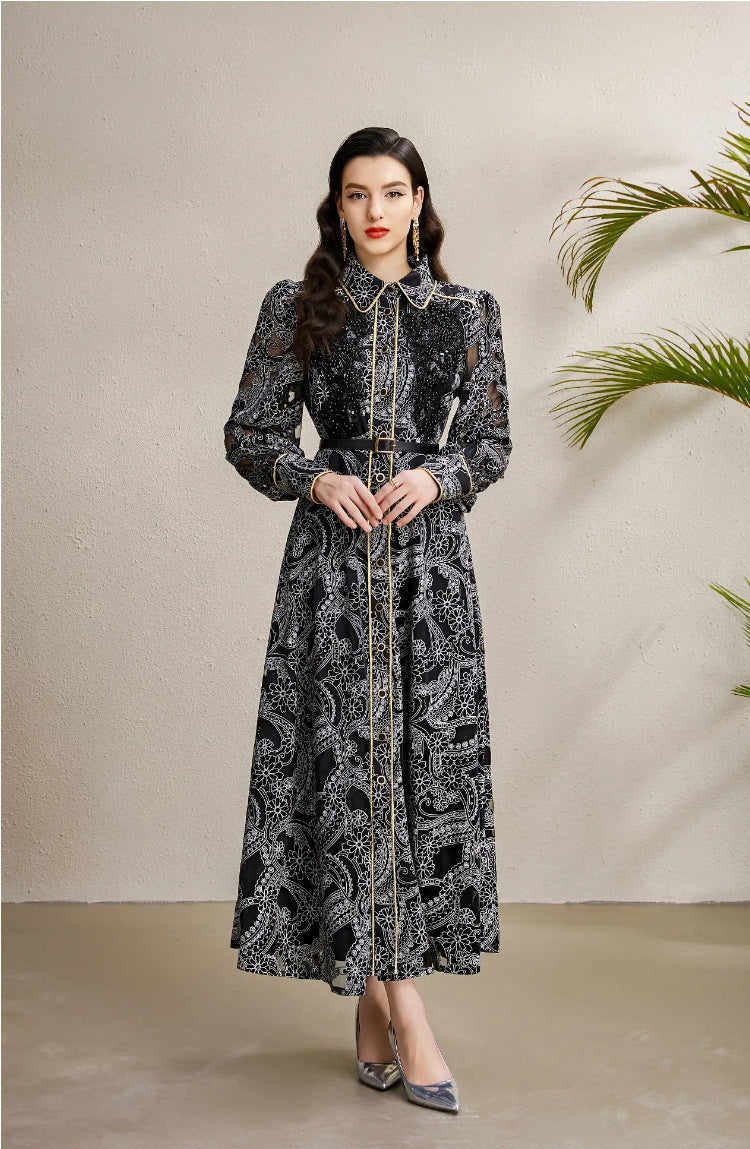 Beaded Lace Maxi Dress with Gold Trim – Elegant Retro Gown