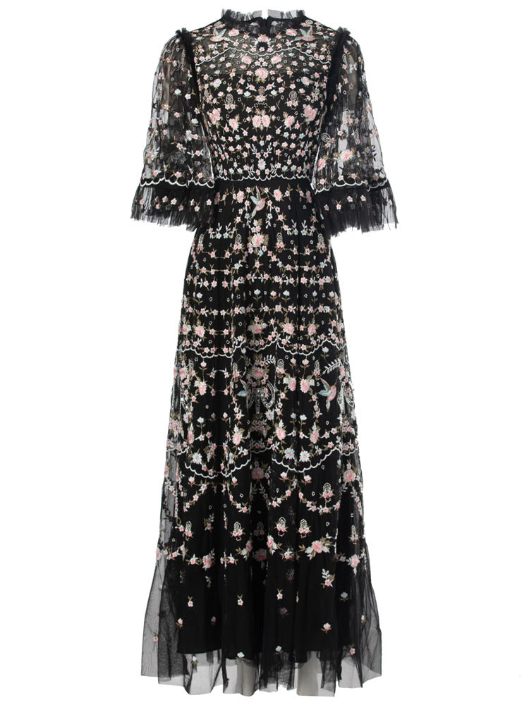 Belleza Princess-Cut Embroidered Maxi Evening Dress
