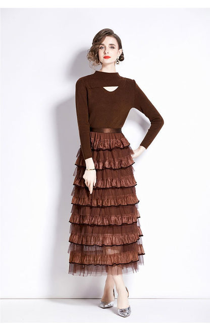 Layered Knit & Tulle Maxi Dress – Faux Two-Piece Design