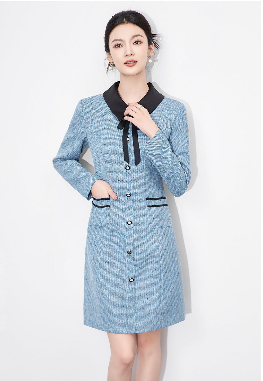 French-Texture Mini Dress with Scarf Collar