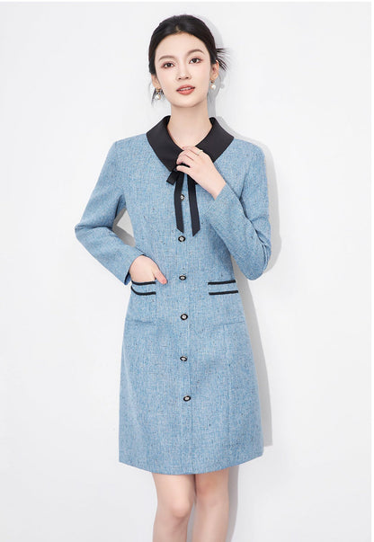 French-Texture Mini Dress with Scarf Collar