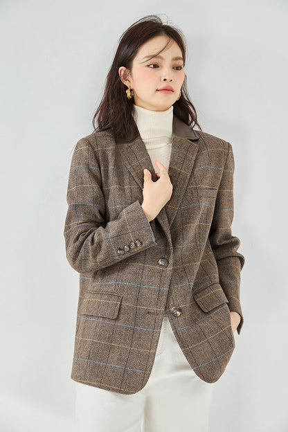 Fine Wool Plaid Oversized Blazer Coat – Coffee Brown