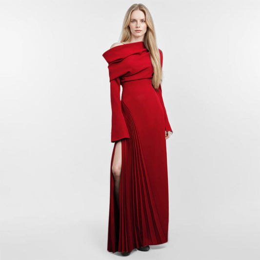 One-Shoulder Asymmetric Hem Red Maxi Dress