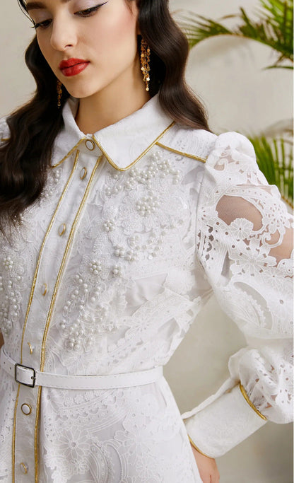 Beaded Lace Maxi Dress with Gold Trim – Elegant Retro Gown