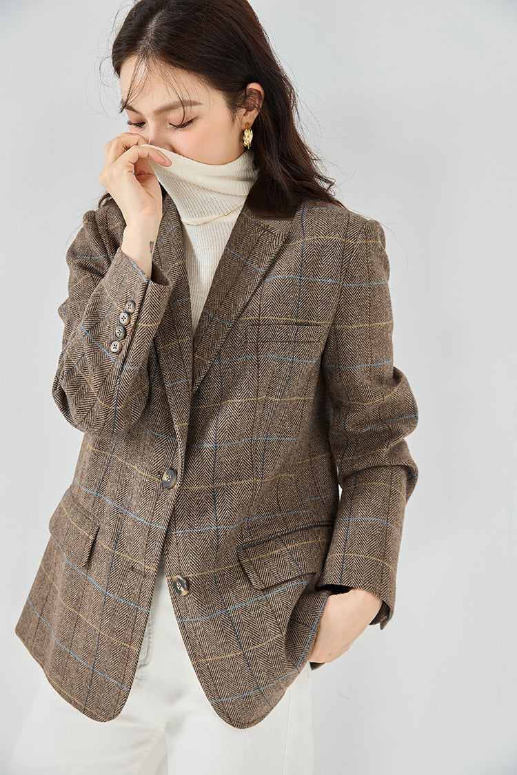 Fine Wool Plaid Oversized Blazer Coat – Coffee Brown