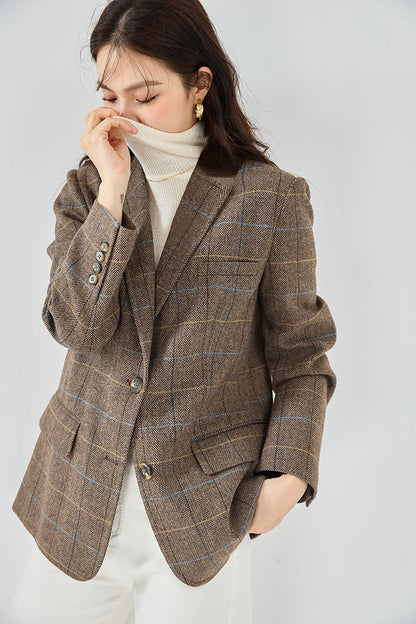 Fine Wool Plaid Oversized Blazer Coat – Coffee Brown