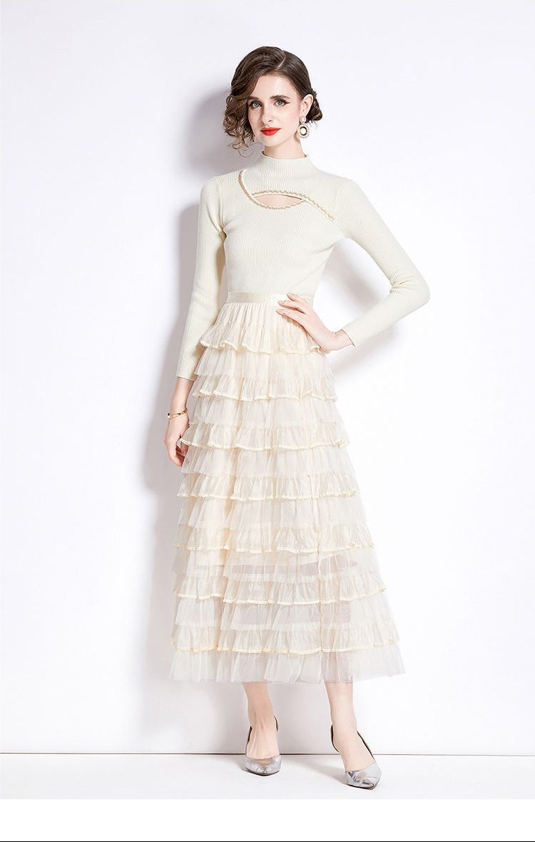 Layered Knit & Tulle Maxi Dress – Faux Two-Piece Design