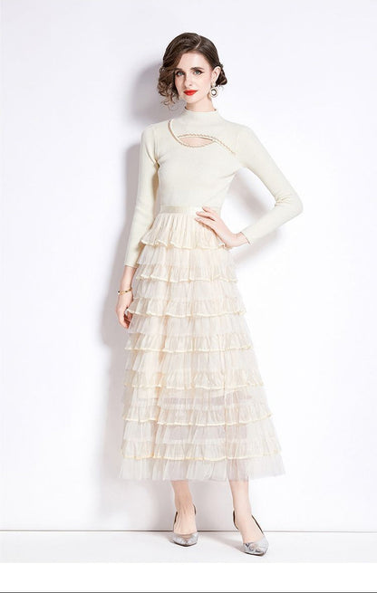 Layered Knit & Tulle Maxi Dress – Faux Two-Piece Design
