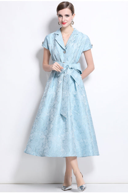 Jacquard A-Line Evening Gown with Full Flowing Skirt