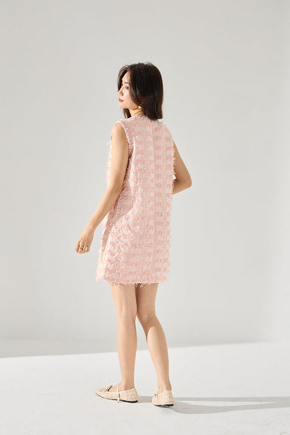 Pink Sleeveless Fringe Mini Dress – French-Inspired Spring Charm