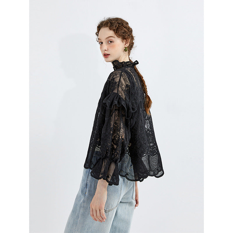 Embroidered Lace High-Neck Chiffon Blouse