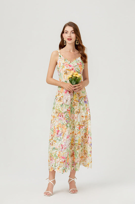 French Style Floral Lace Midi Dress