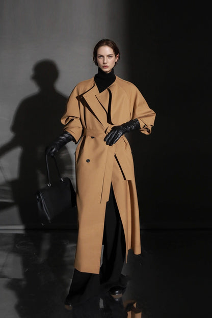 Minimalist Round Neck Wool Blend Trench Coat – Relaxed Fit