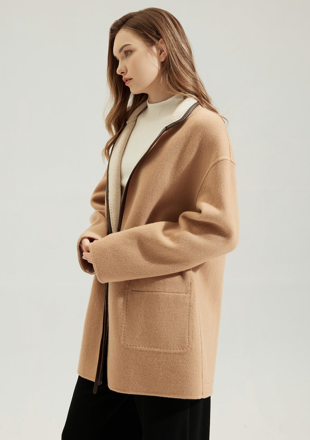 Wool Patchwork Coatigan with Shearling Details