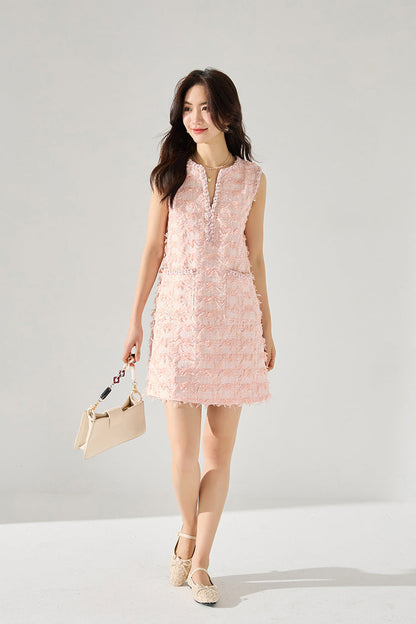 Pink Sleeveless Fringe Mini Dress – French-Inspired Spring Charm