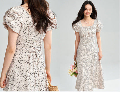 Apricot Polka Dot Puff Sleeve Midi Dress