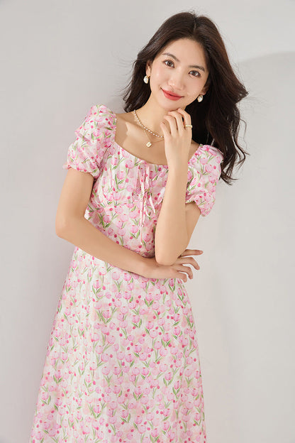 Fitted Waist Polka Dot Puff Sleeve Summer Dress