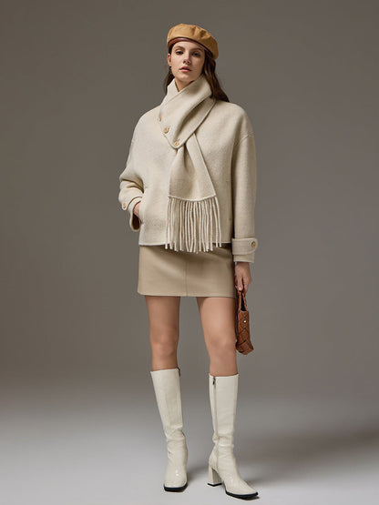 Silk-Blend Camel Wool Short Coat with Detachable Collar