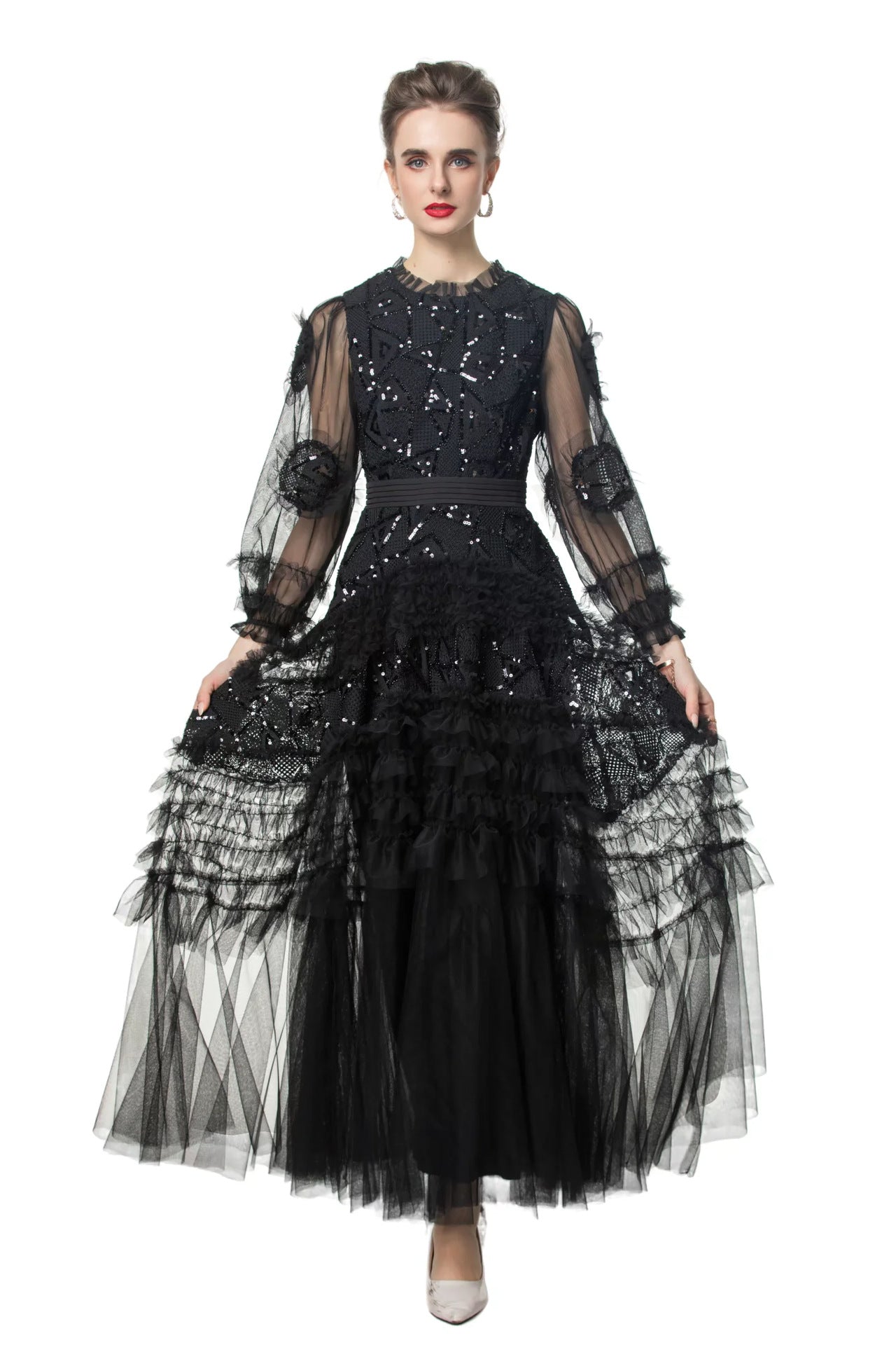 Sequin Embellished Princess-Cut Maxi Evening Dress