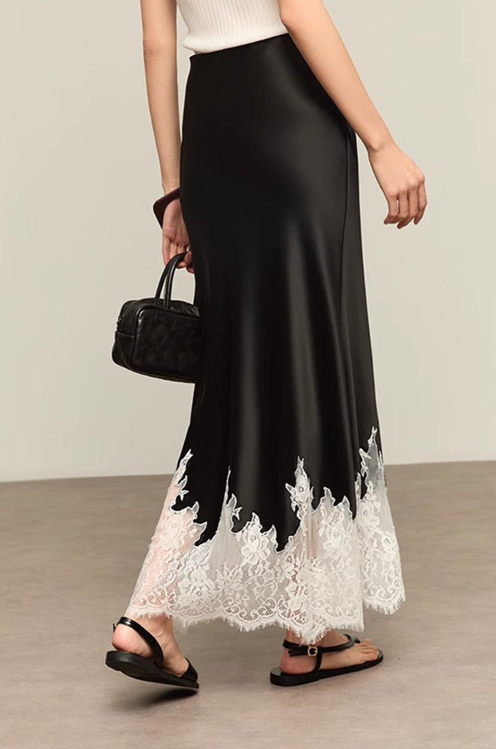 Lace-Trimmed Acetate Satin Maxi Skirt